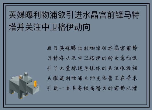 英媒曝利物浦欲引进水晶宫前锋马特塔并关注中卫格伊动向