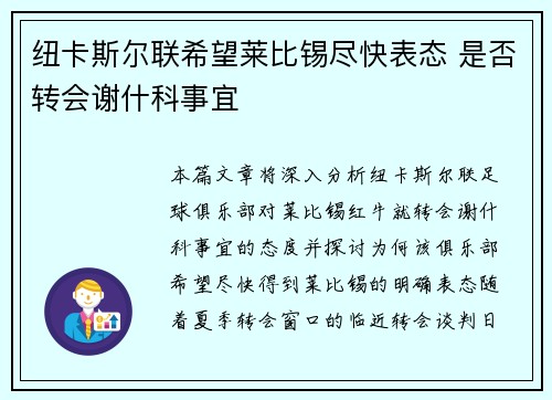纽卡斯尔联希望莱比锡尽快表态 是否转会谢什科事宜