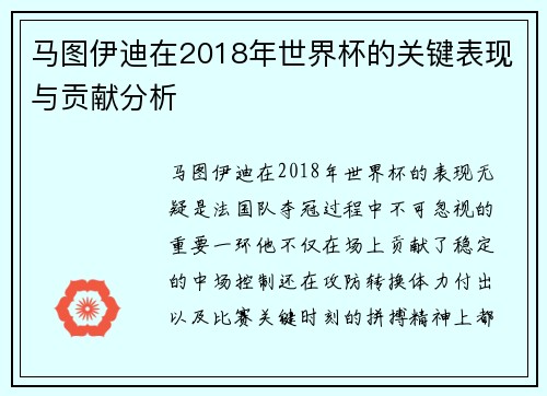 马图伊迪在2018年世界杯的关键表现与贡献分析