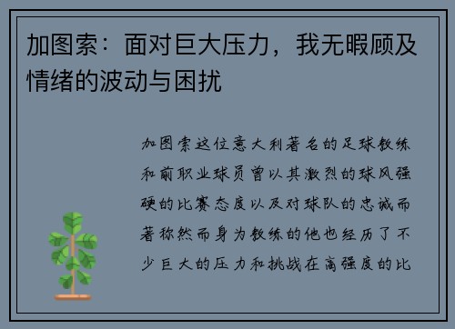 加图索：面对巨大压力，我无暇顾及情绪的波动与困扰