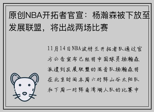 原创NBA开拓者官宣：杨瀚森被下放至发展联盟，将出战两场比赛